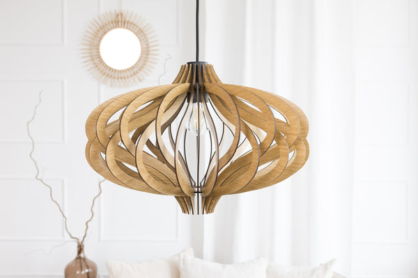 May include: A wooden pendant light fixture with a unique, geometric design. The light is made of thin, interwoven strips of wood, creating a delicate and airy look. The light fixture is suspended from a black cord.