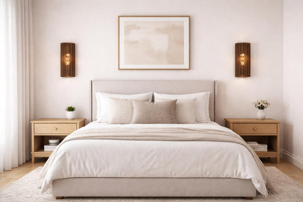 Wooden wall sconce -modern ribbed accent lamp, cozy atmosphere