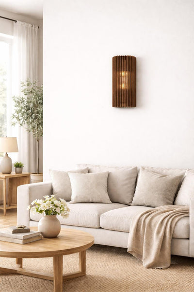 Wooden wall sconce -modern ribbed accent lamp, cozy atmosphere