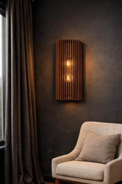 Wooden wall sconce -modern ribbed accent lamp, cozy atmosphere