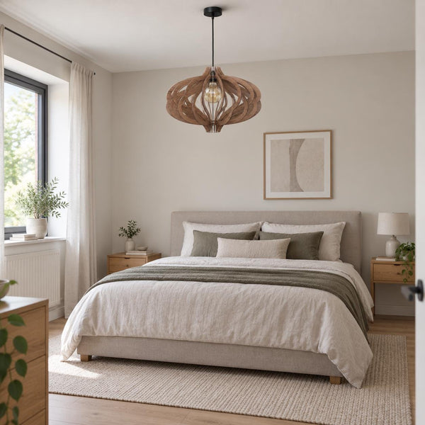 Scandinavian Ceiling Fixture, Wooden Geometric Pendant Light