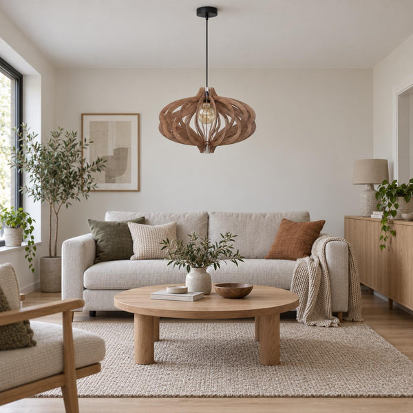 Scandinavian Ceiling Fixture, Wooden Geometric Pendant Light
