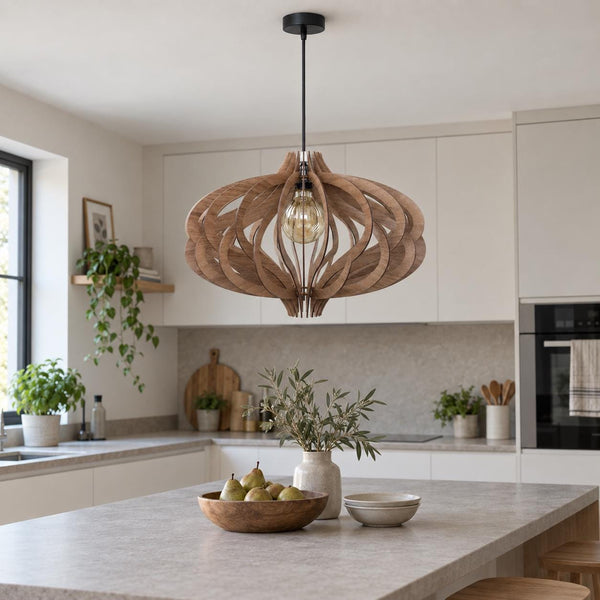 Scandinavian Ceiling Fixture, Wooden Geometric Pendant Light