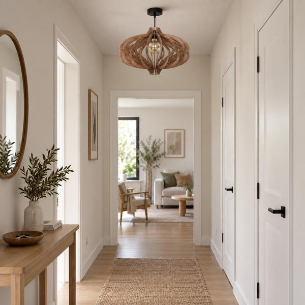 Scandinavian Ceiling Fixture, Wooden Geometric Pendant Light