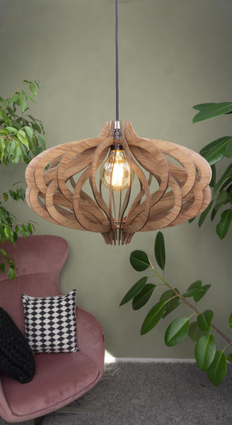 May include: A pendant light fixture constructed from curved, interlocking wooden slats arranged in a spherical, open-frame design. The fixture features a central, exposed Edison-style light bulb suspended by a thin black cord from the ceiling.